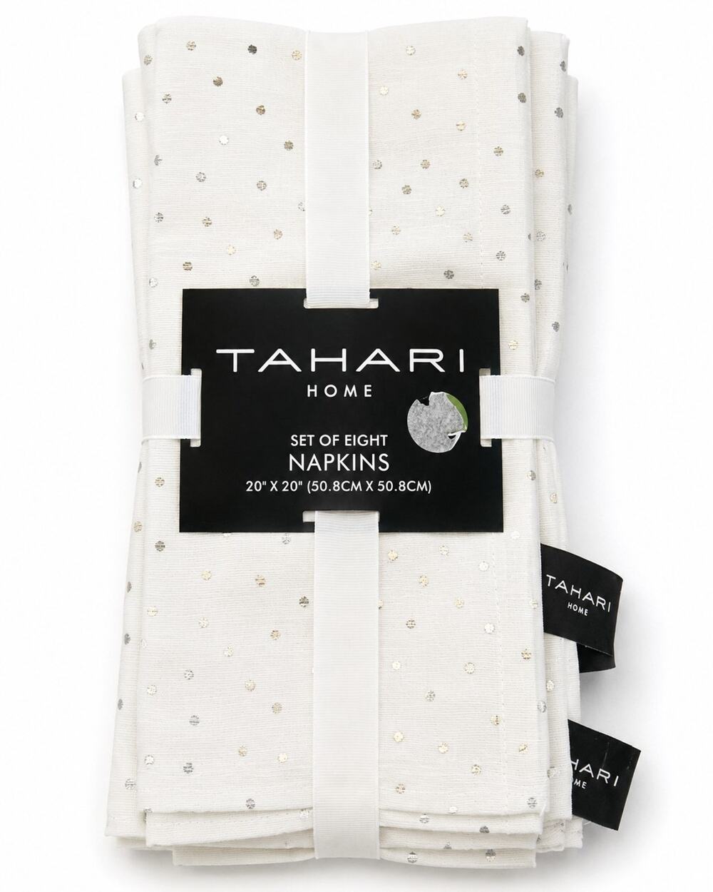 Tahari Home Set of 8 Cloth Napkins White Metallic Gold Silver Polka Dot 20x20